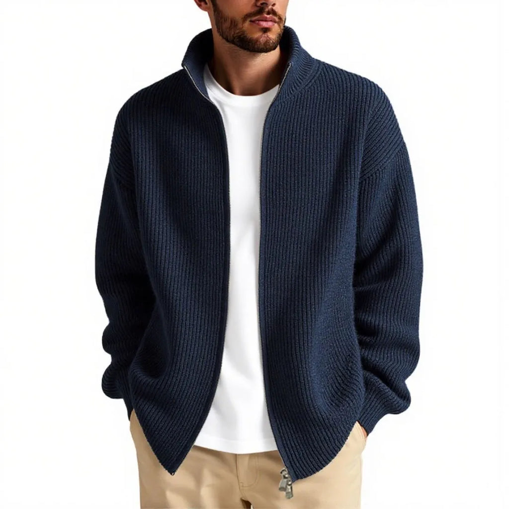 Loose fit men's cardigan sweater in a chemical fibre blend, shown in a choice of five colours.