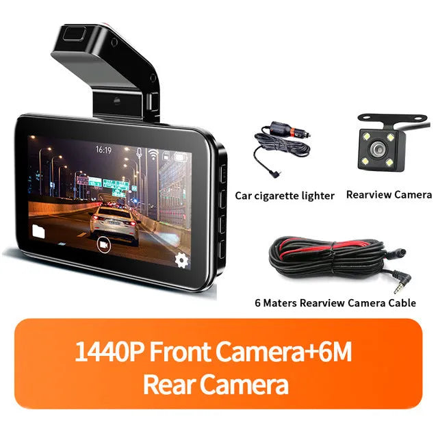 3-inch screen dual lens car dashboard camera DVR with front and rear cameras on a car dashboard.