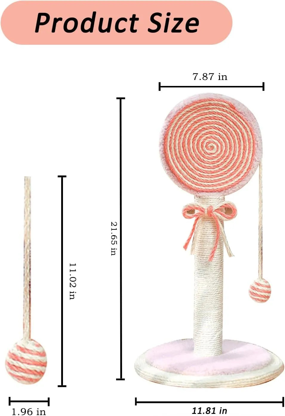 Blue sisal rope cat scratching post with a hanging ball toy on a sturdy wooden base.