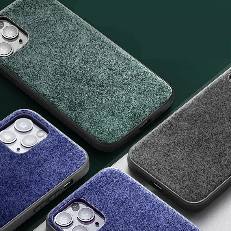 Suede iPhone case in three colours: elegant black, dark night green, and dark blue