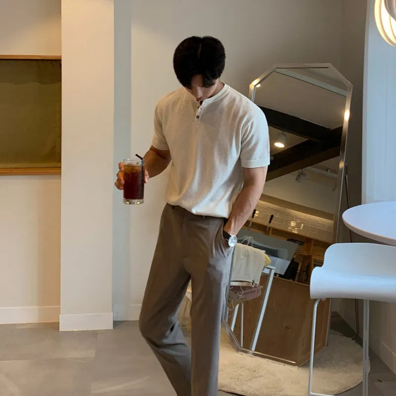 Men's slim-fit ice silk knitted shirt in black, khaki, or white with short sleeves for casual wear