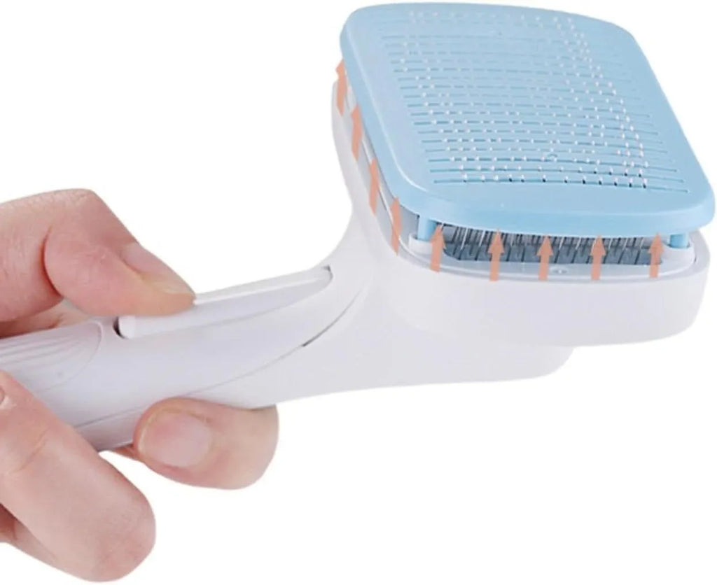 Automatic pet hair removal comb with needle design in blue, grey, green, and pink colour options