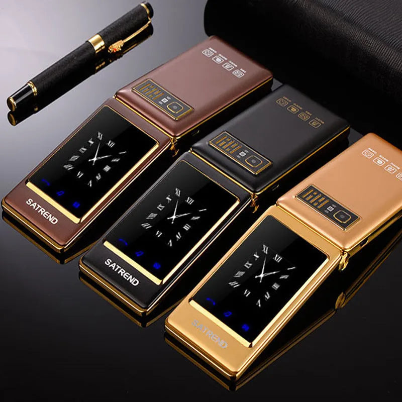 A15 dual screen flip elderly phone in black showing internal touch screen and external display