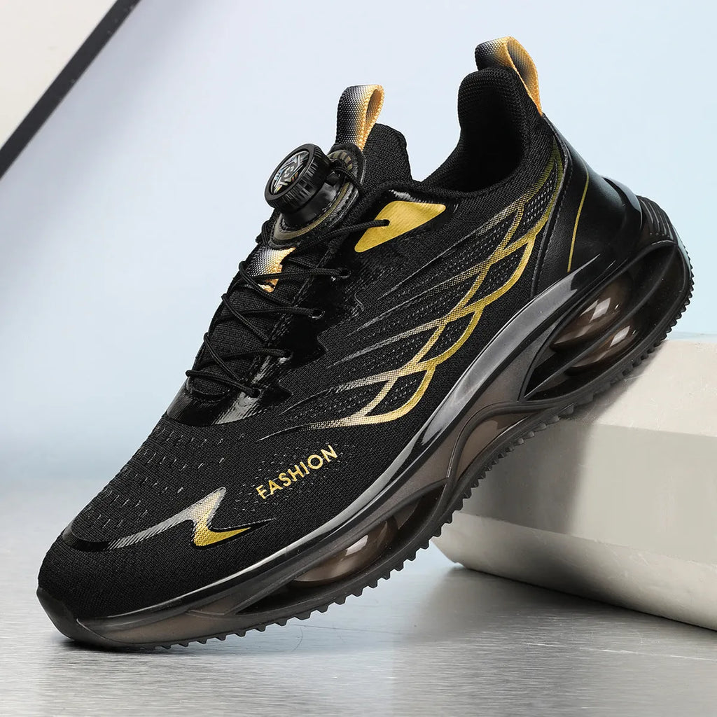 A pair of casual breathable running shoes in a solid colour with a mesh upper, rubber sole, and lace-up front.