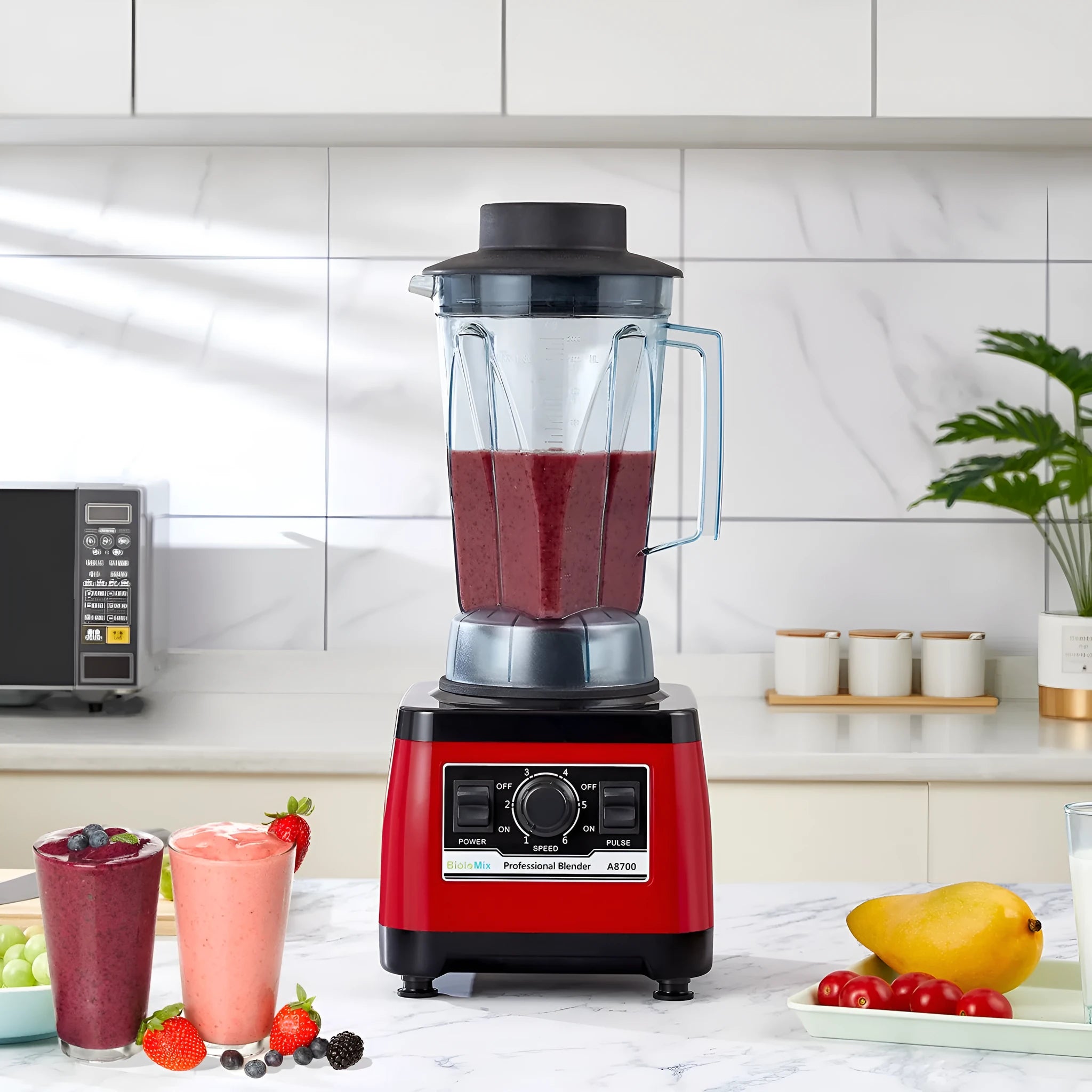 Red commercial blender with 2200W power and 2-litre capacity for professional kitchens
