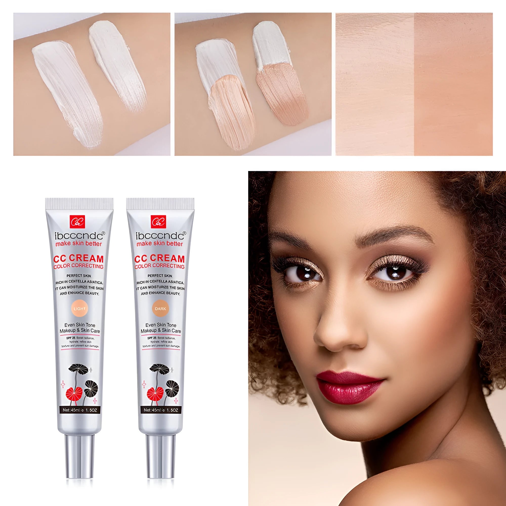 Erborian Centella Asiatica CC cream tube in dark and light colour shades, colour-correcting makeup primer