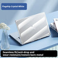 Transparent plastic protective shell case for MacBook Air and Pro laptops on wooden surface