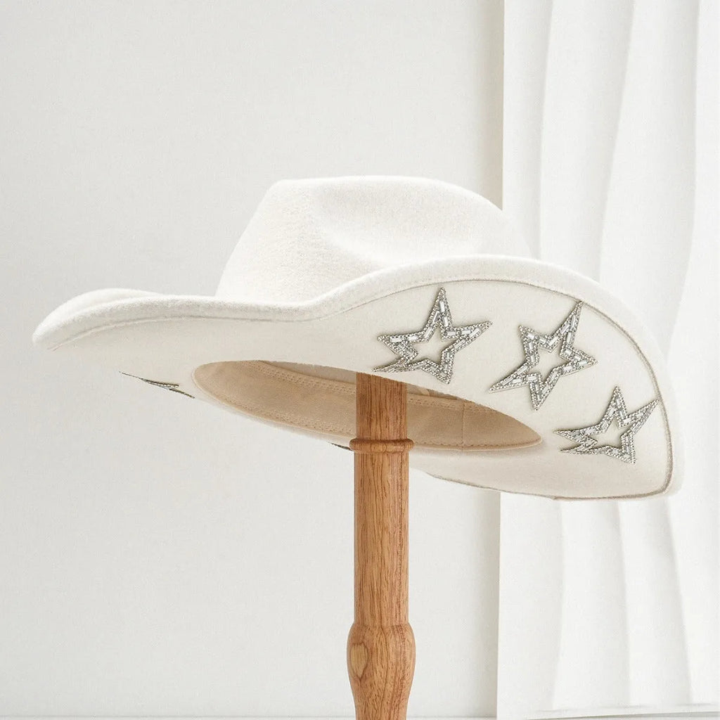 Polyester felt Western denim top hat with conical crown and hexagonal star detail in beige colour