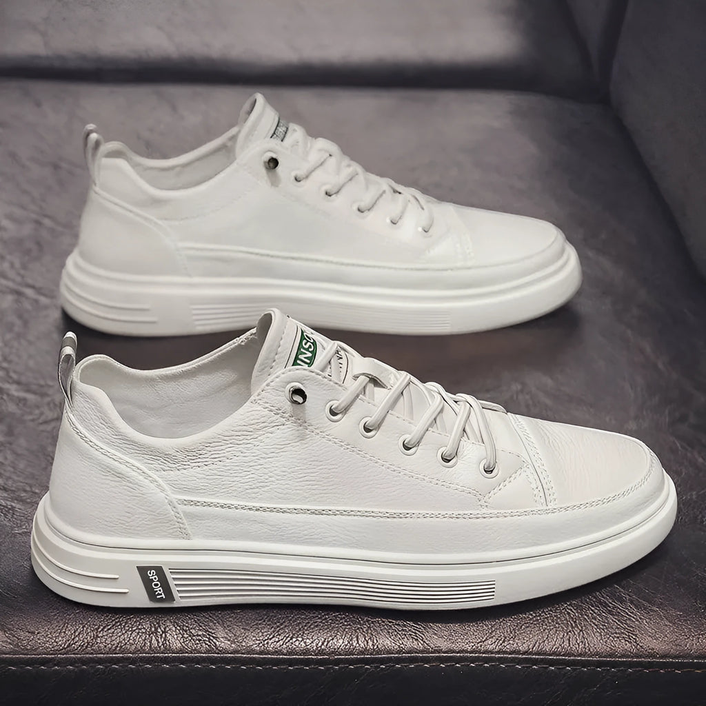 Men's white casual PU shoes with low flat heel and round toe on a plain background
