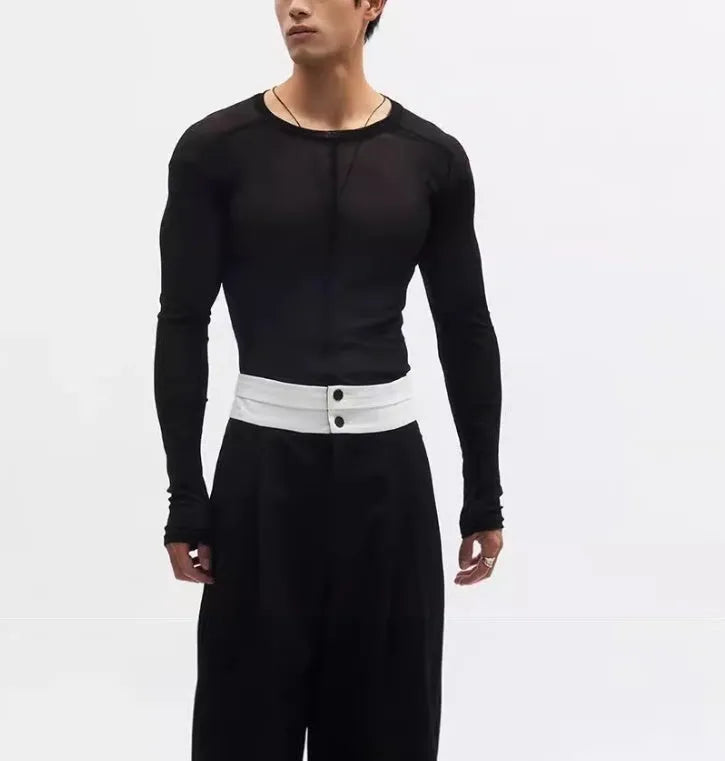 Black mesh see-through slim-fit PU pullover with long sleeves and round collar