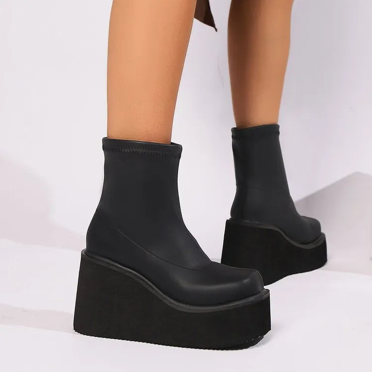 Black plus size women's wedge boots with 6-8CM heel, artificial PU upper and round toe design