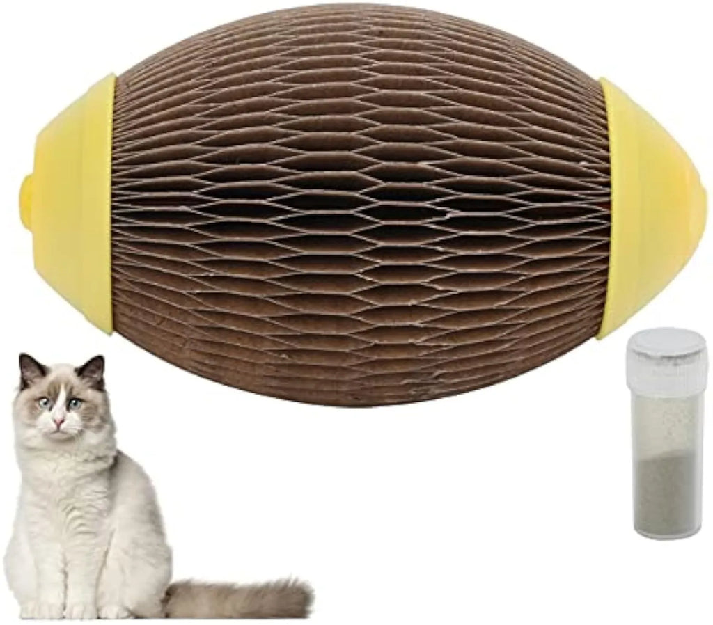 Elliptical corrugated paper catnip scratch football toy for cats.