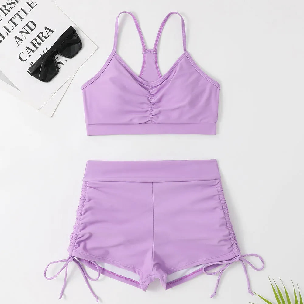 Women's purple and black high waist split swimsuit bikini with sleeveless design