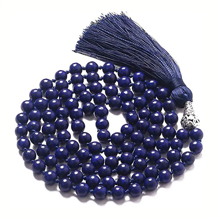 Agate geometric tassel necklace with amethyst blue pattern and multiple coloured stones at 95-100cm length