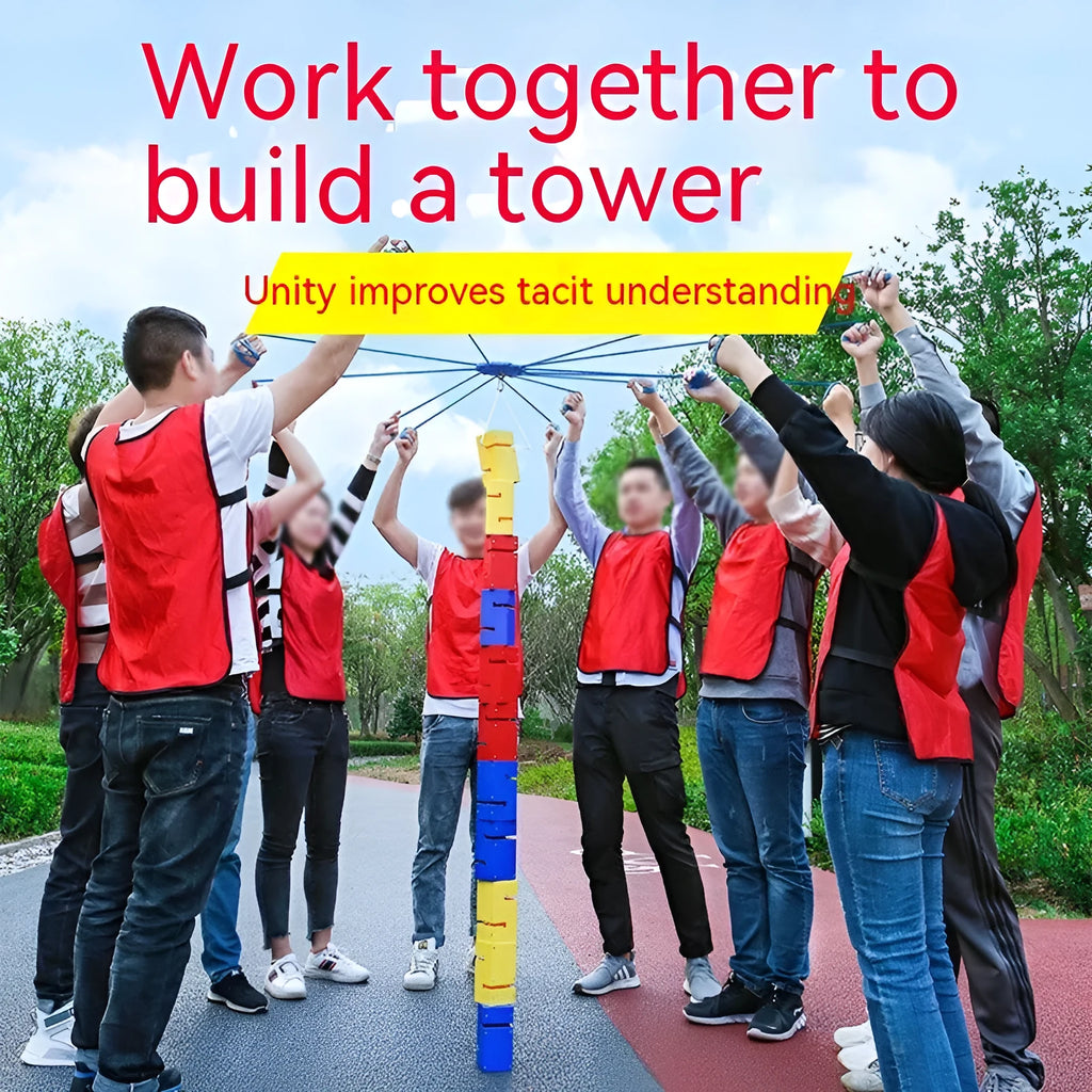 Team building game equipment set with ABS tower blocks, ropes, and connection components for outdoor group activities