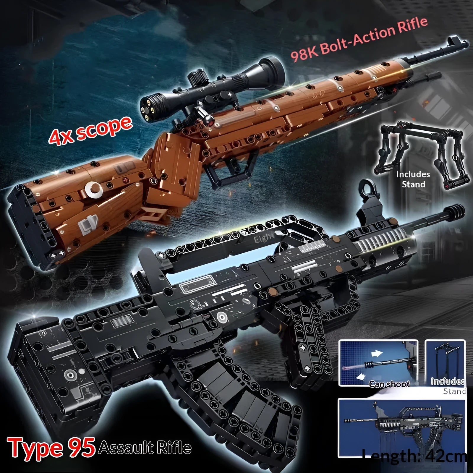 Building blocks toy gun in 98K sniper rifle colour with mechanical bullet launch assembly, gift box packaging