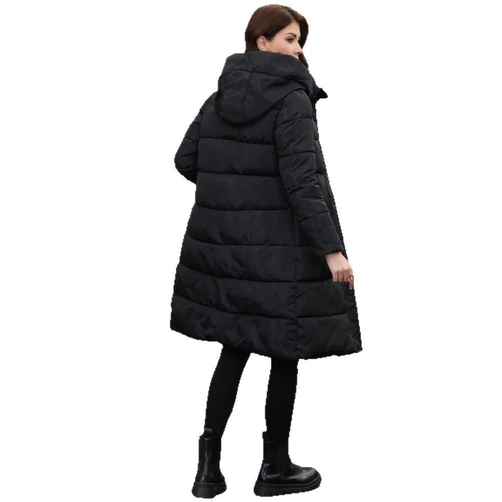 Black hooded slim-fit long jacket with a zip front and fleece lining.