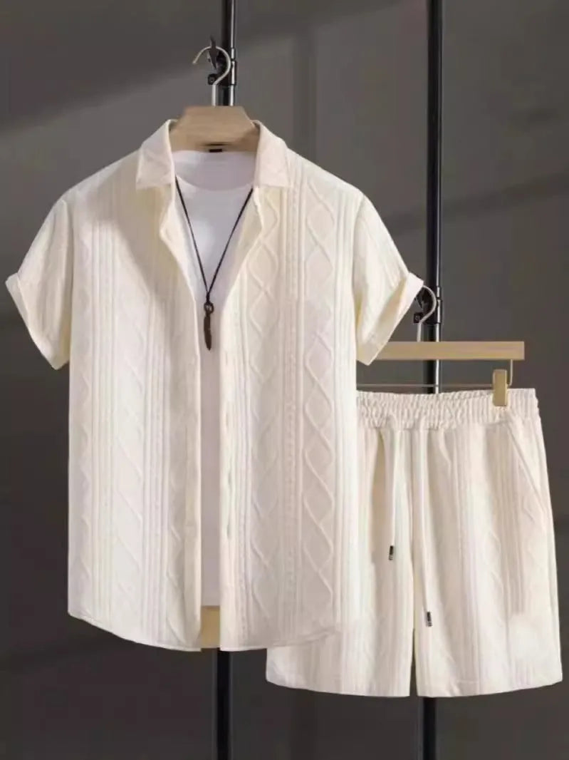 Short sleeve jacket and matching shorts suit set in a solid Jacquard colour on a hanger.
