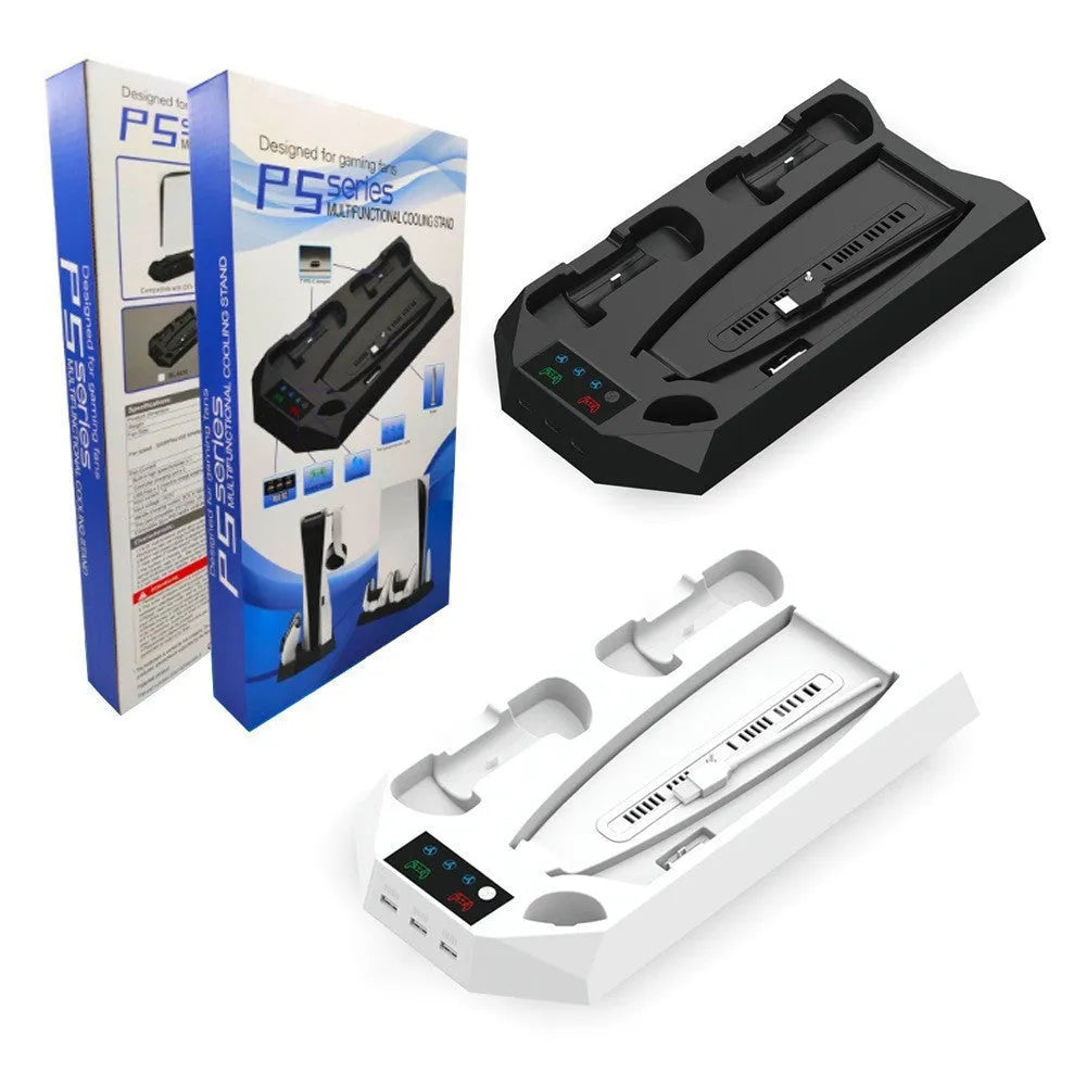 PS5 charging base and radiator stand in black or white with space for console, controllers and headset