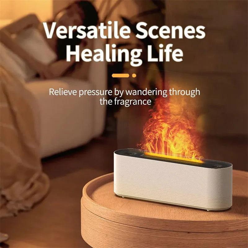 Black Flame Air Ultrasonic Humidifier emitting cool mist with a multi-colour LED flame light effect on a wooden table.