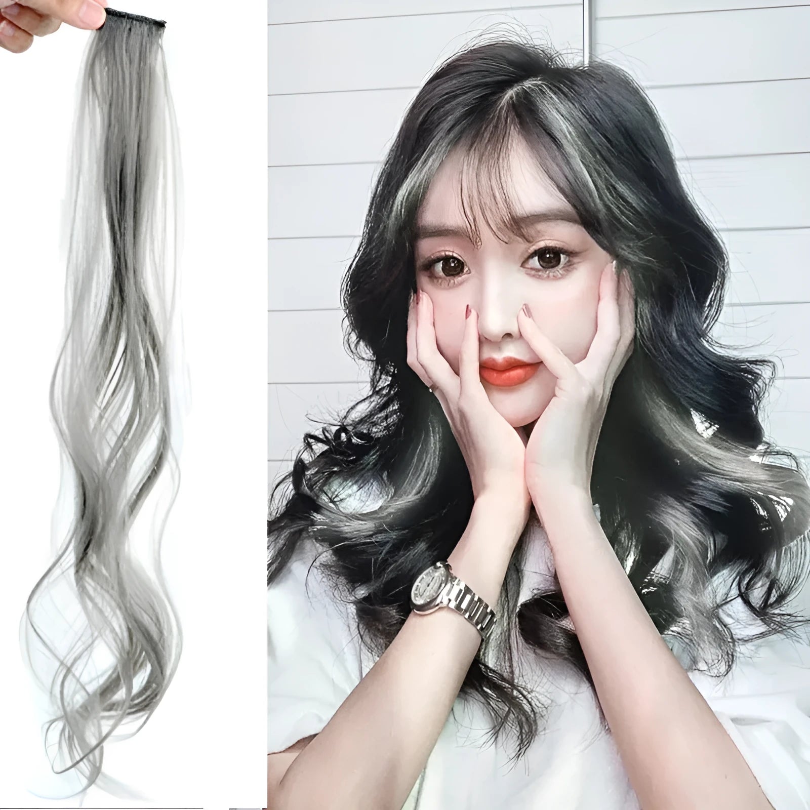 Long curly synthetic hair wig patch showing gradient colour transition in 60cm length