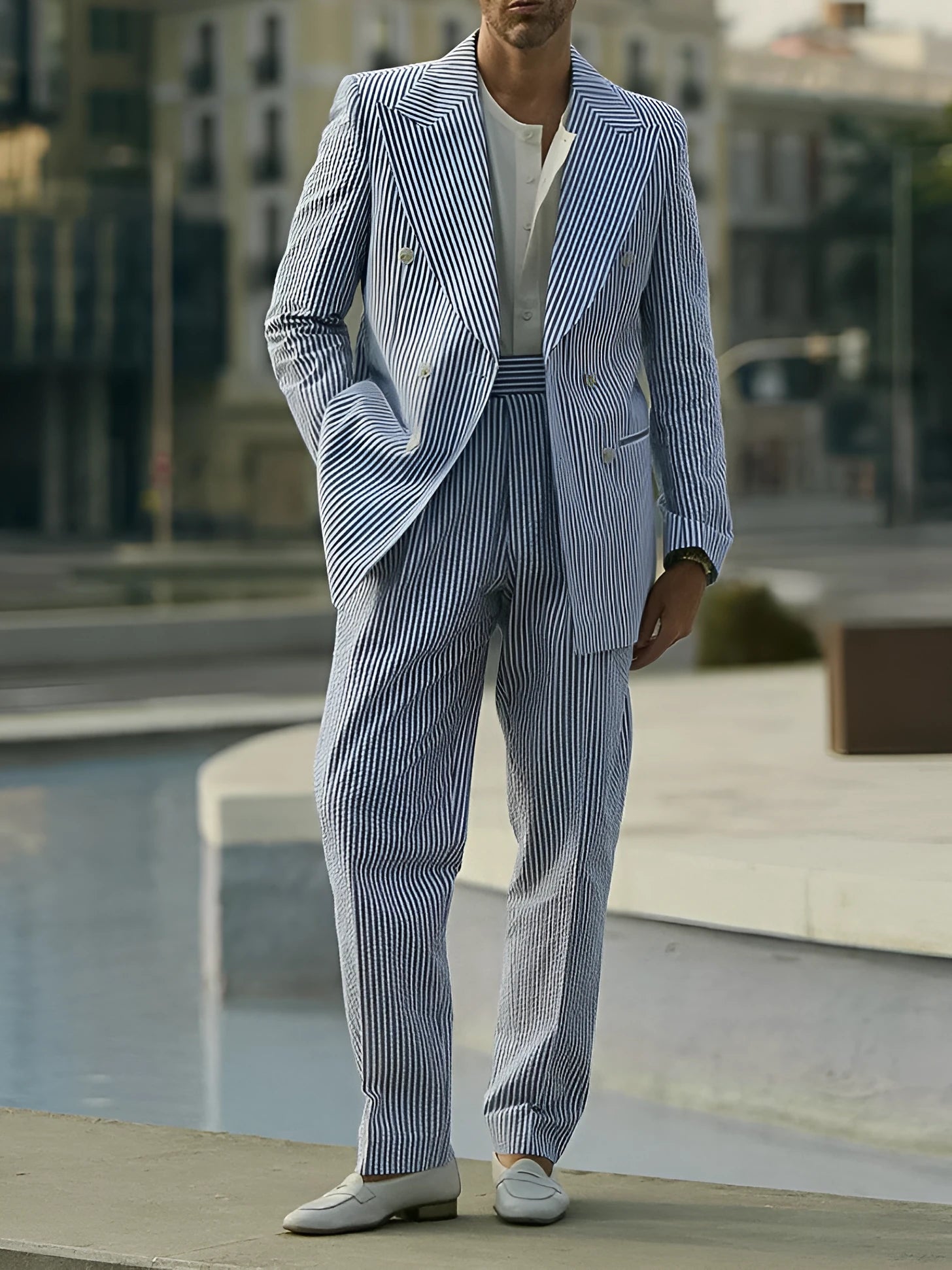 Blue and white striped polyester blazer and trousers suit set laid flat.
