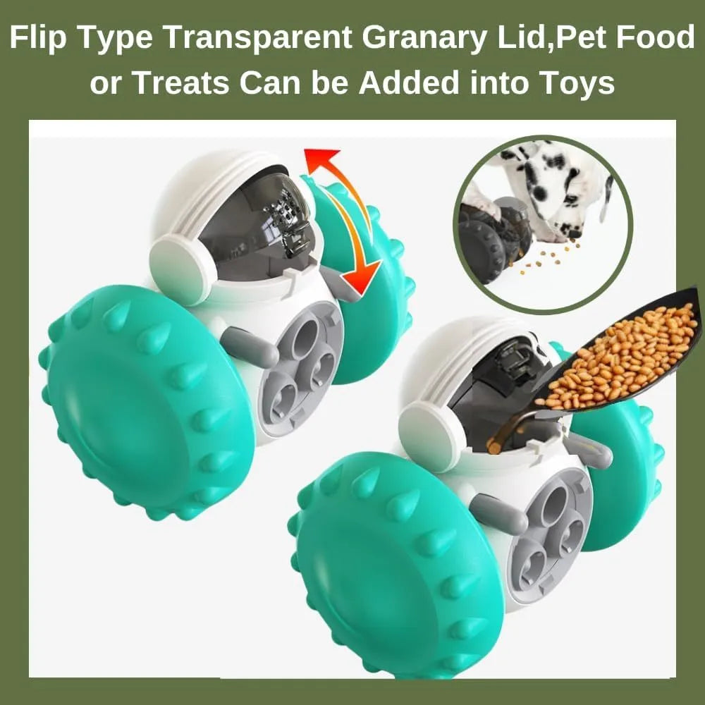 Self-balancing dog treat dispenser toy with robot design for small pets