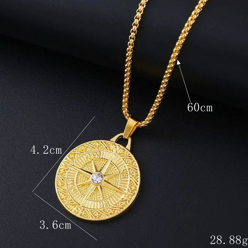 Gold-coloured geometric alloy pendant necklace with an inlaid zircon stone for women.