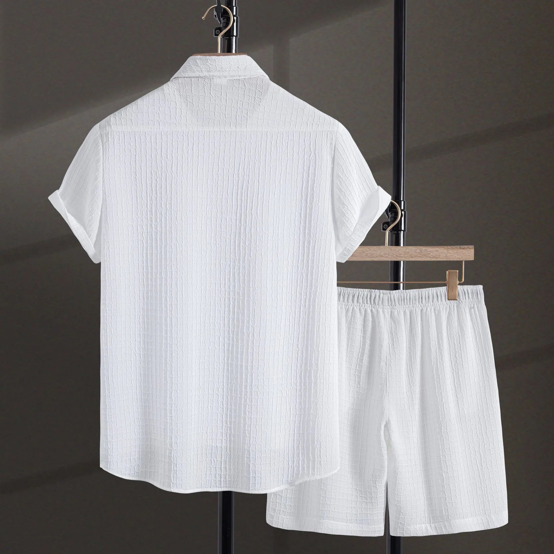Men's white cotton blend jacquard short sleeve shirt with matching shorts leisure suit