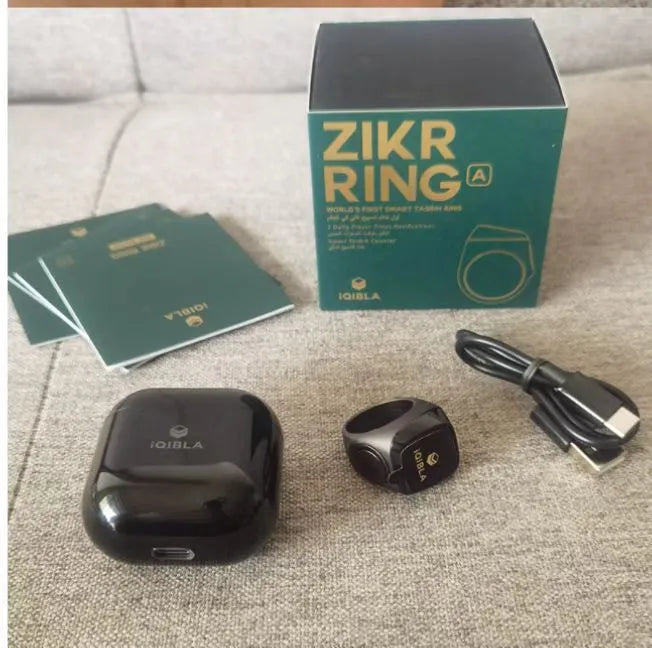 Zikr1 Tasbih smart counter ring in metal with OLED display, shown in available colours.
