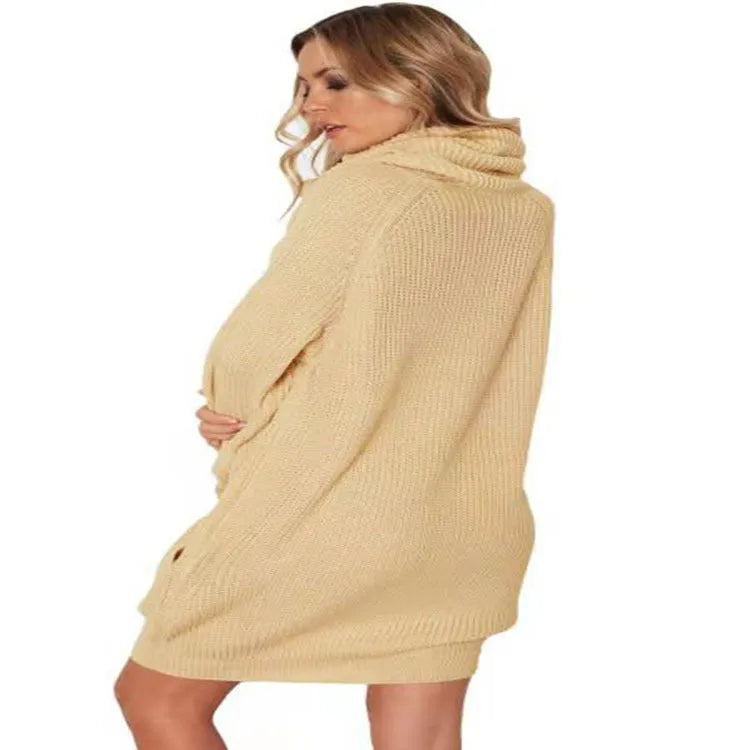 Women's apricot-coloured lapel collar loose sweater with side pockets, mid-length.