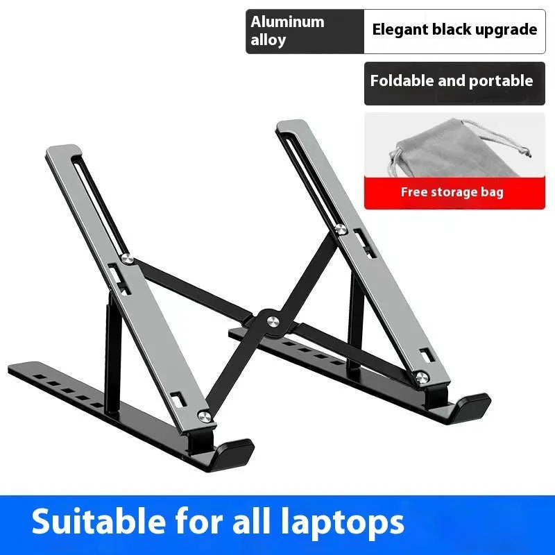 Silver aluminium folding laptop stand shown open and closed next to a laptop