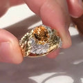Embossed feather pattern gold ring with yellow zircon stone in geometric setting