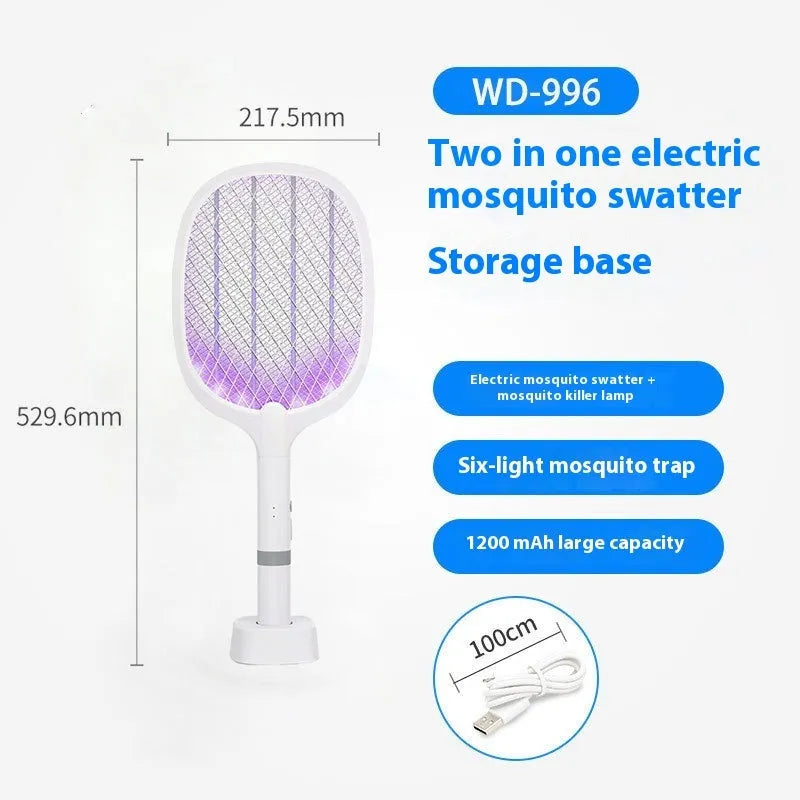 Purple and blue rechargeable electric mosquito swatter with USB charging cable