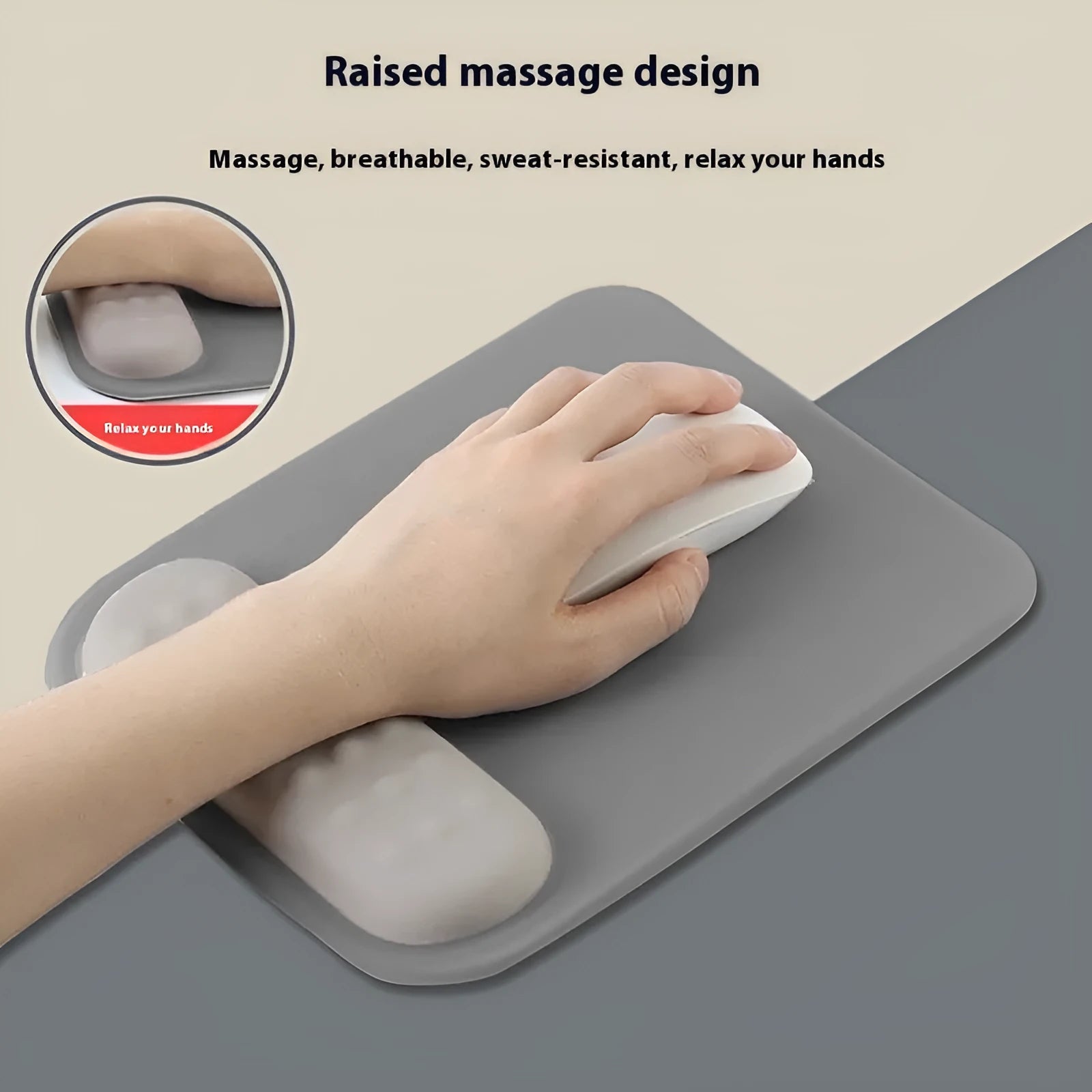 Ergonomic cloth silicone mouse pad with raised wrist support in Silver Gray colour