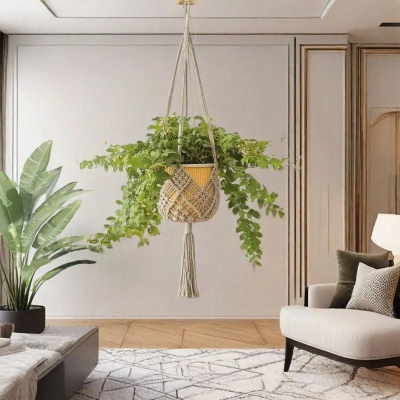 Hand-woven minimalist flower pot in raw cotton colour with an external net pocket for tools.