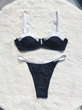 Black low-waist bikini swimsuit for women with split leg stitching, shown as a full set.