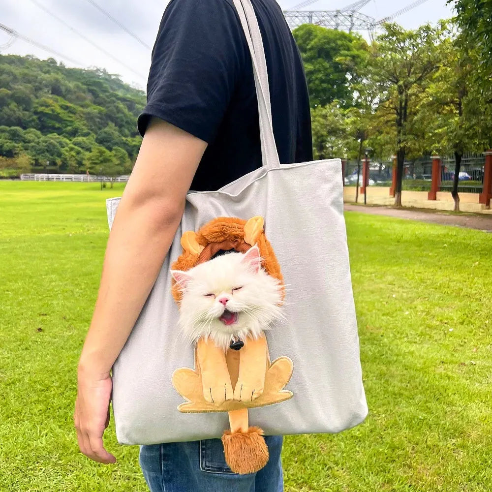 Canvas pet shoulder bag with cartoon pattern for small dog or cat transportation