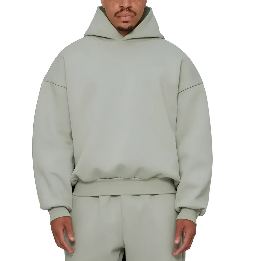 Men's grey fleece-lined cotton hoodie with wool lining and pullover design