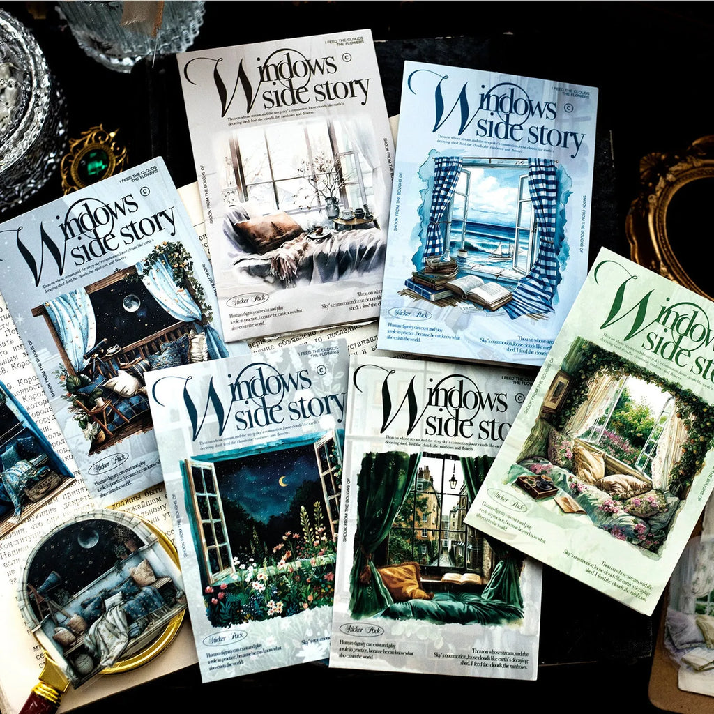 Window Story Series retro journal decorative stickers showing six colour theme designs