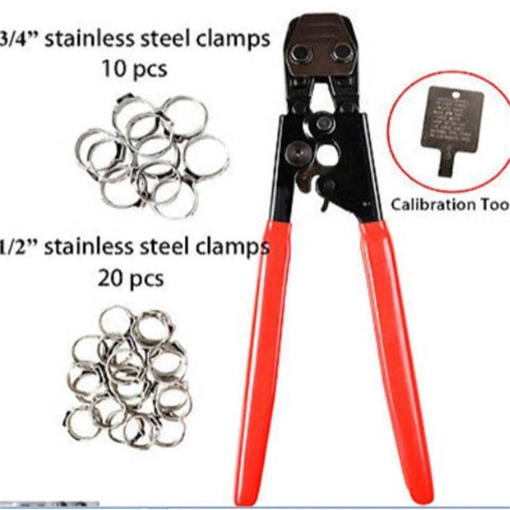 Red cloth finished single ear PEX clamp set with metal construction and carbon steel cutting edge