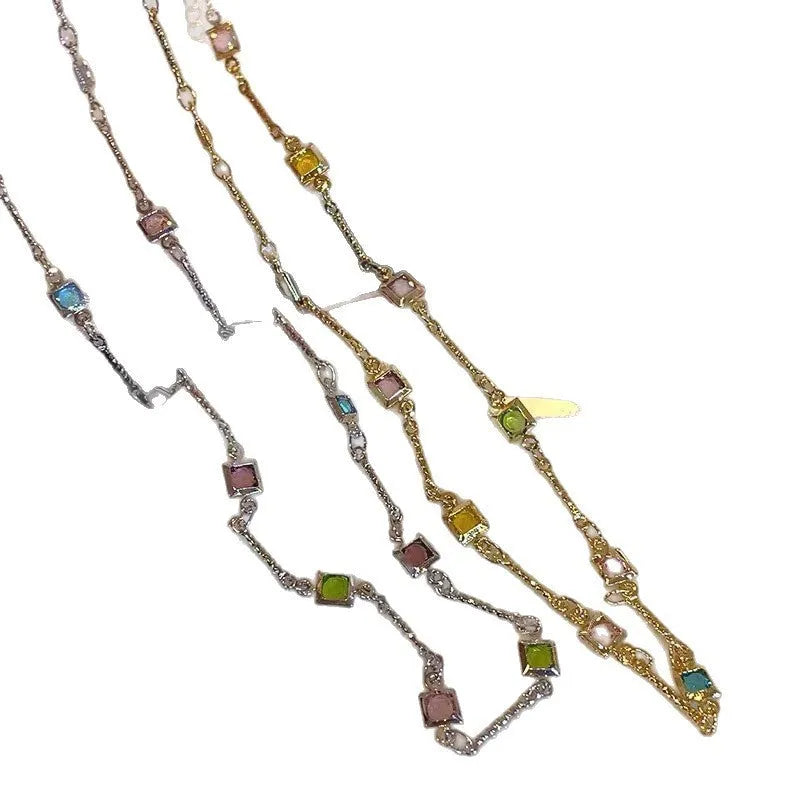Square geometric clavicle chain necklace with crystal accents in gold plating