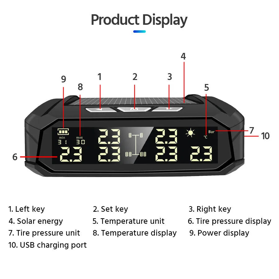 Solar tyre pressure monitor with colour display for six tyres on RVs and trucks