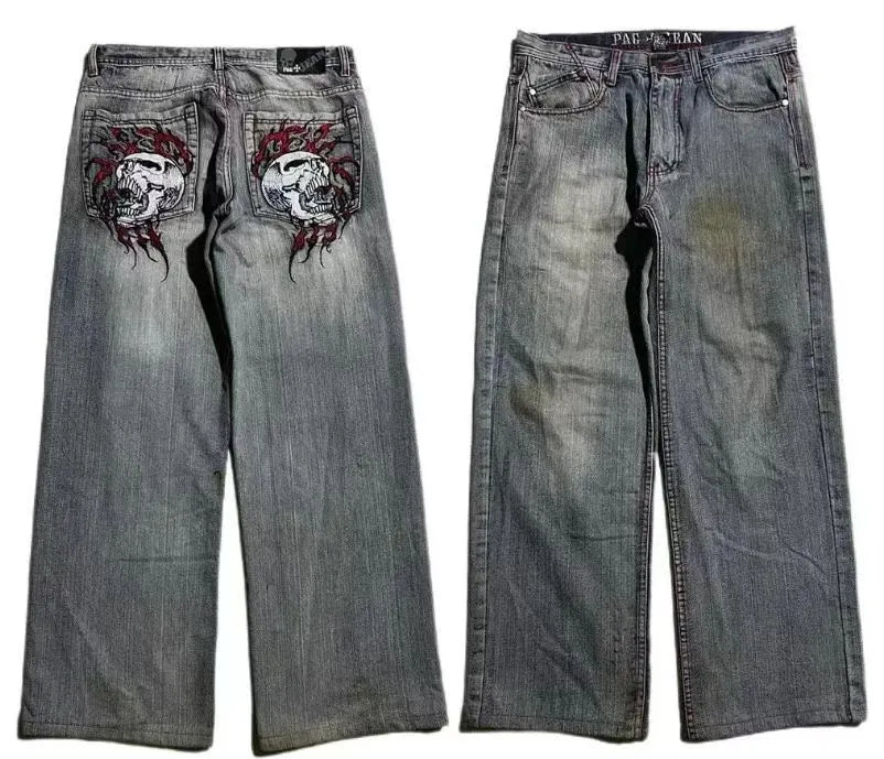 Men's grey washed-out wide-leg jeans with a straight cut and mid-rise waist on a mannequin.