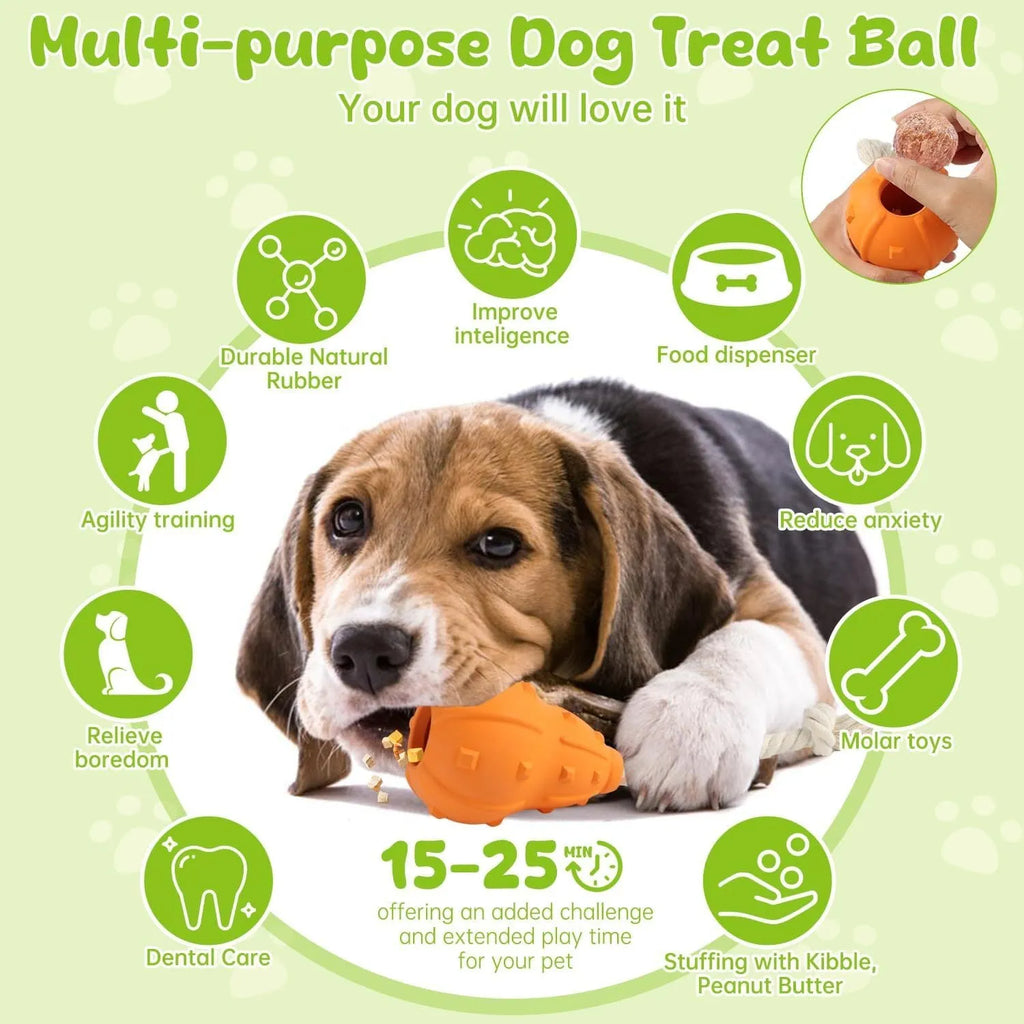 Natural rubber stuffable dog toy for small medium breeds, shown with treat filling and longer strap.
