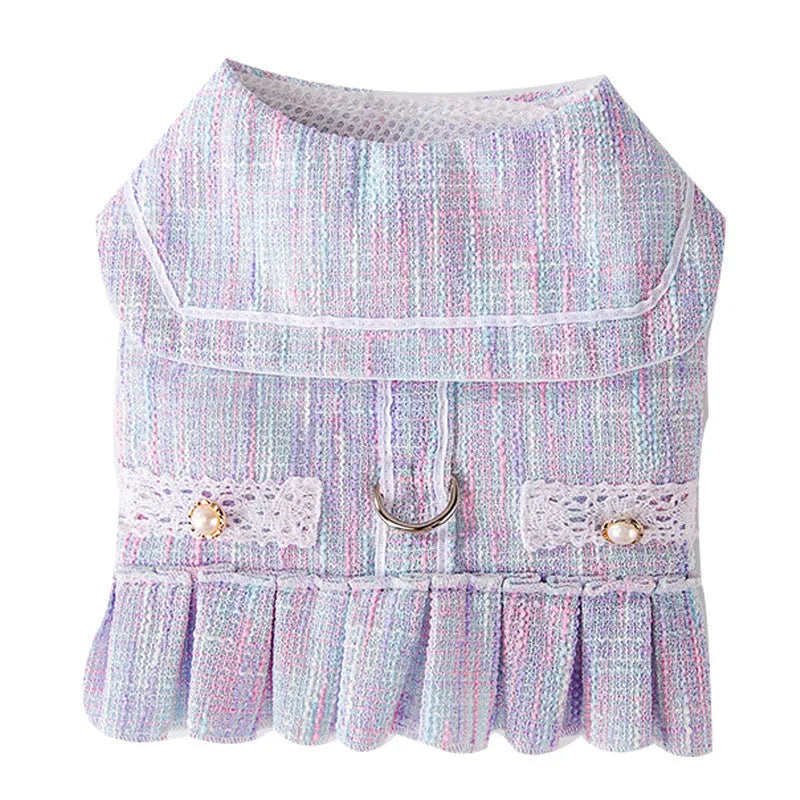 Purple and pink polyester pet clothing for small cats and dogs on a white background, showing size tags S, M, L, XL.