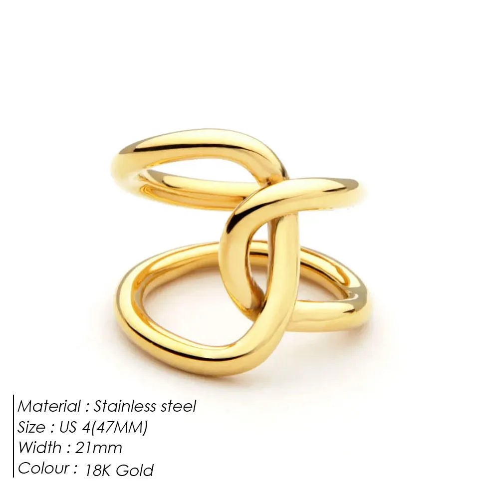 Women's adjustable knotted ring with geometric U-shape in stainless steel gold or silver colour