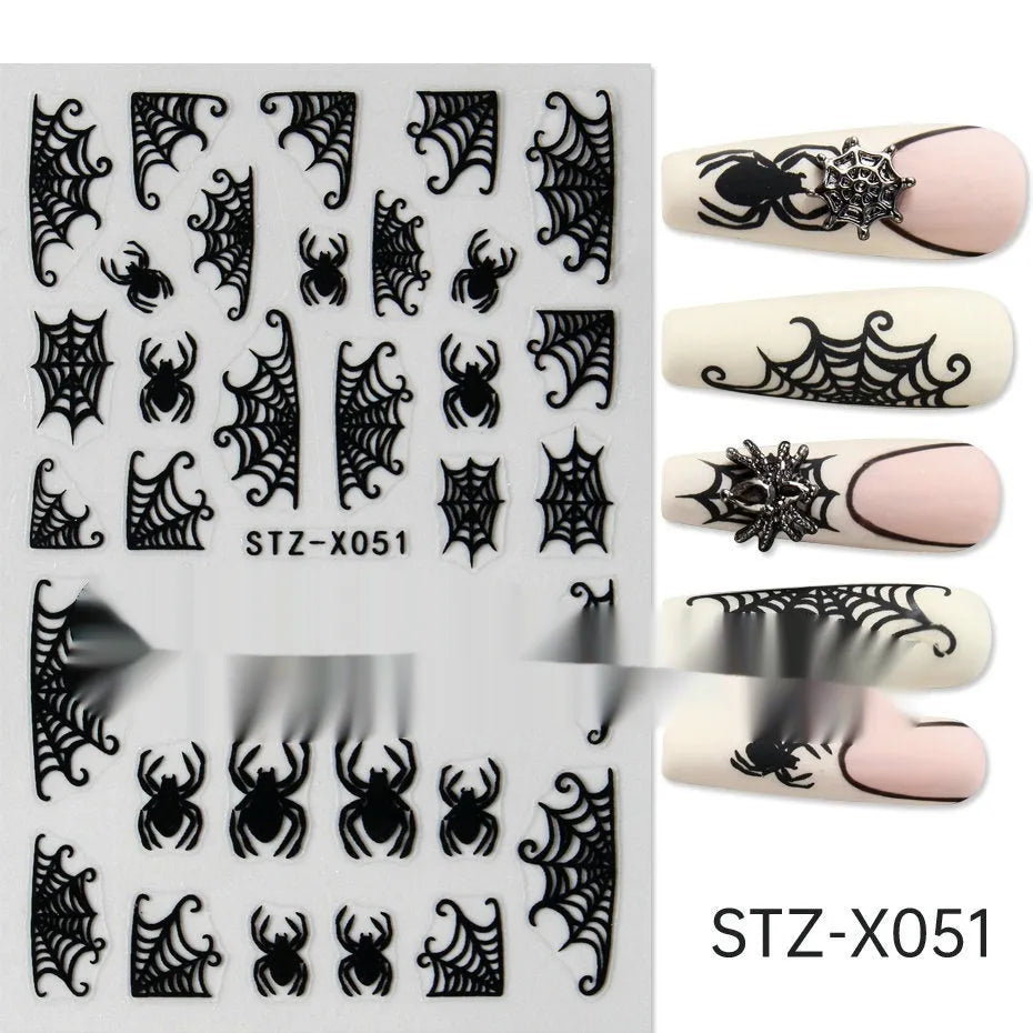 Set of 60 black and silver cartoon pattern nail strip stickers with plastic application patch.