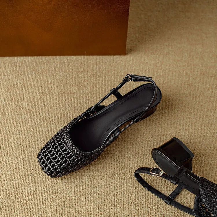 Women's beige woven sandals with closed square toe, chunky heel, and buckle strap on a white background.