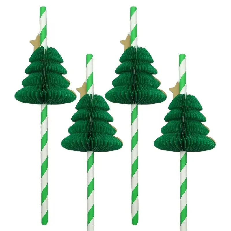 Pack of 50 paper honeycomb Christmas tree straws with three-dimensional tree design, 197mm length straight pipe shape
